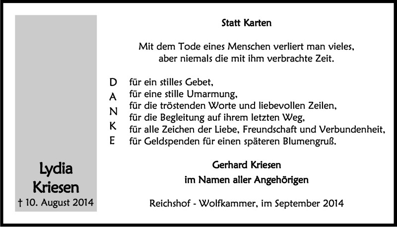  Traueranzeige für Lydia Kriesen vom 06.09.2014 aus Kölner Stadt-Anzeiger / Kölnische Rundschau / Express