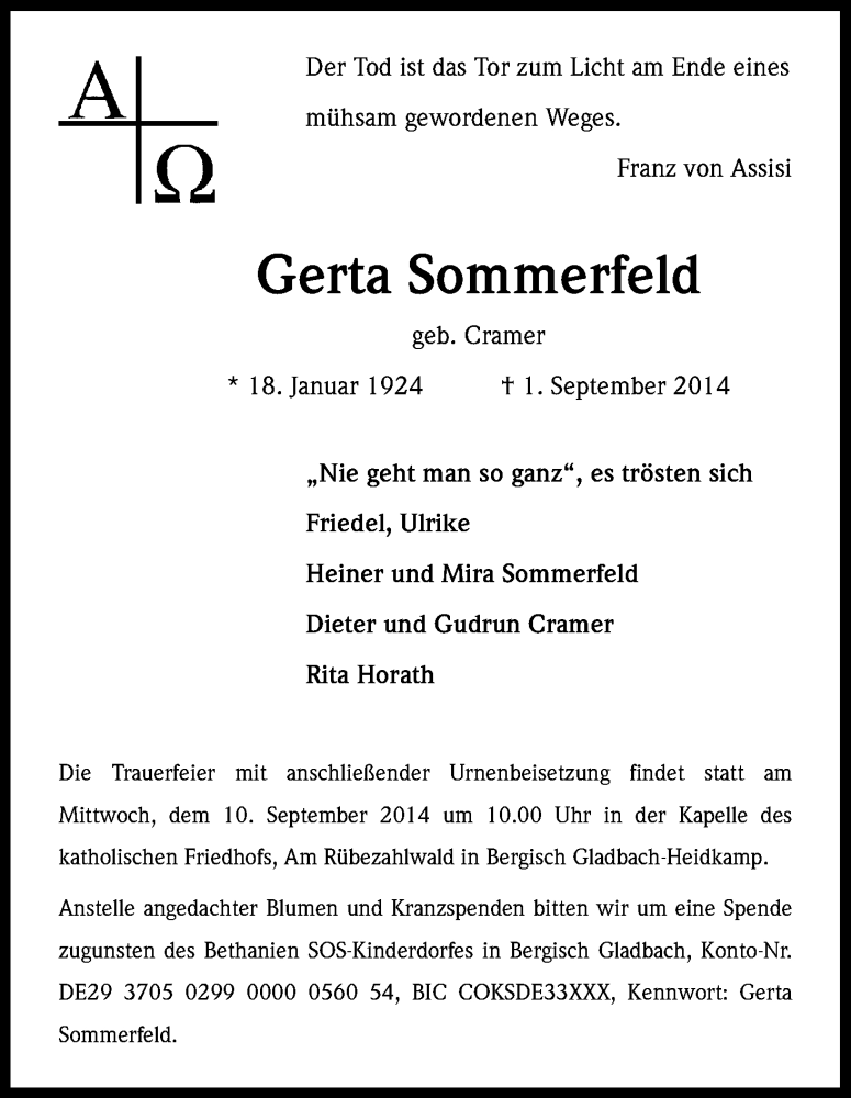  Traueranzeige für Gerta Sommerfeld vom 06.09.2014 aus Kölner Stadt-Anzeiger / Kölnische Rundschau / Express