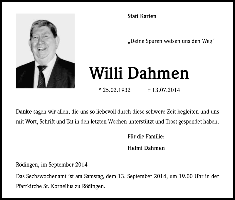  Traueranzeige für Willi Dahmen vom 06.09.2014 aus Kölner Stadt-Anzeiger / Kölnische Rundschau / Express