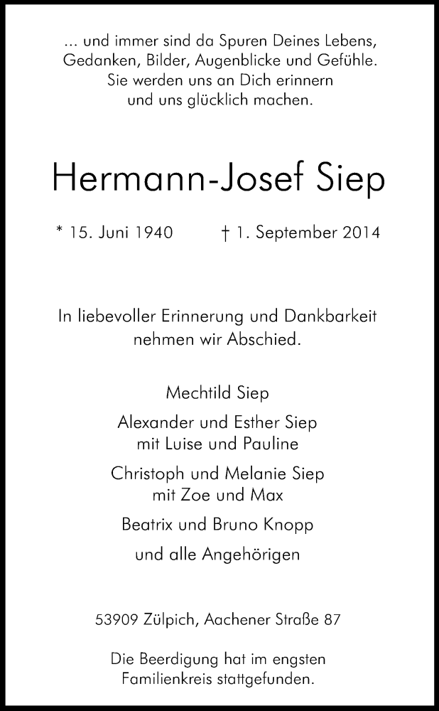  Traueranzeige für Hermann-Josef Siep vom 10.09.2014 aus Kölner Stadt-Anzeiger / Kölnische Rundschau / Express