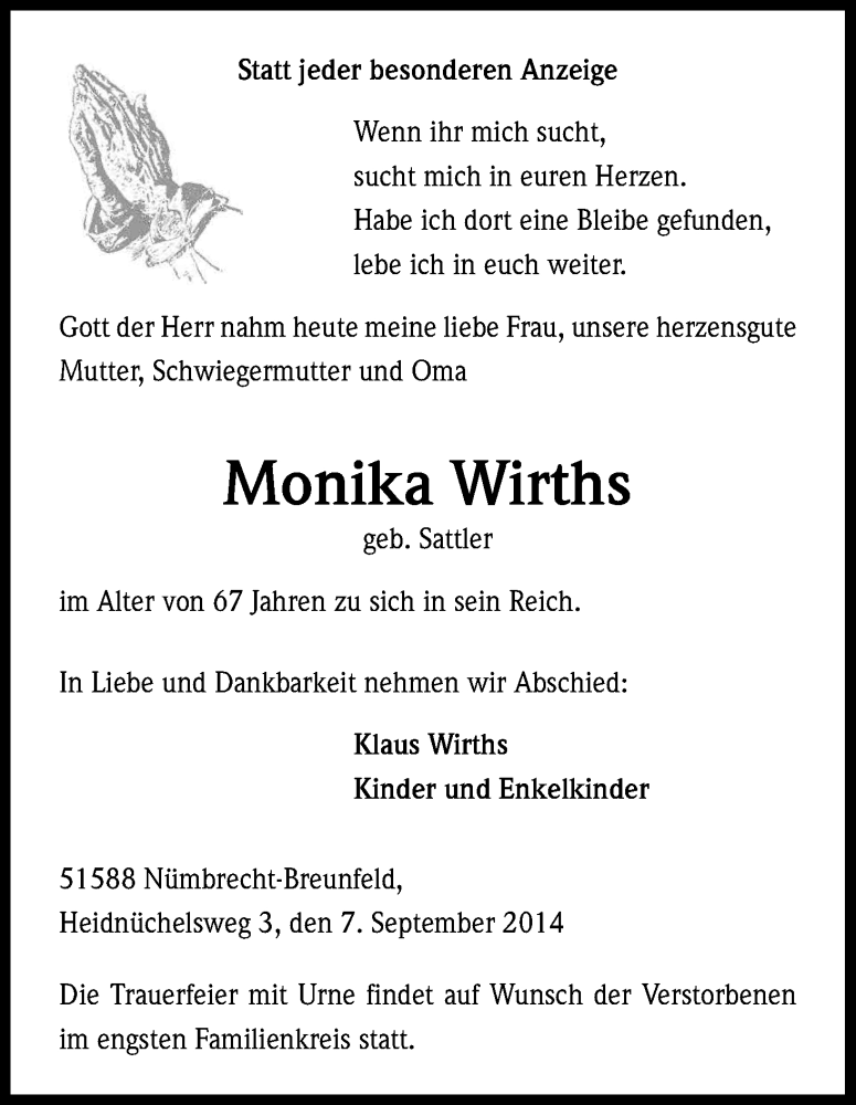  Traueranzeige für Monika Wirths vom 09.09.2014 aus Kölner Stadt-Anzeiger / Kölnische Rundschau / Express