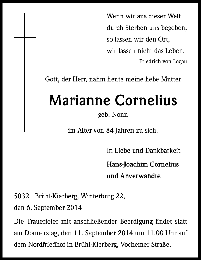  Traueranzeige für Marianne Cornelius vom 10.09.2014 aus Kölner Stadt-Anzeiger / Kölnische Rundschau / Express