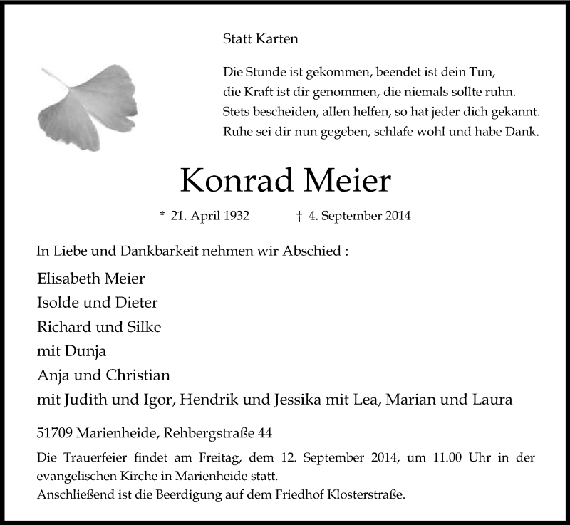  Traueranzeige für Konrad Meier vom 10.09.2014 aus Kölner Stadt-Anzeiger / Kölnische Rundschau / Express