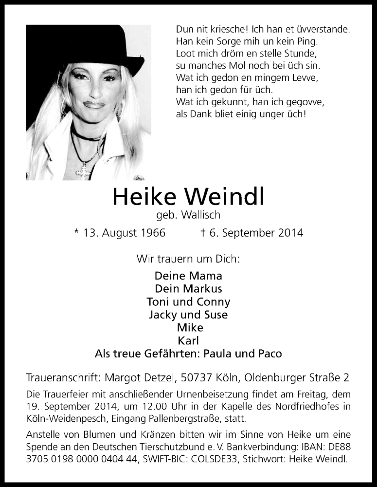  Traueranzeige für Heike Weindl vom 13.09.2014 aus Kölner Stadt-Anzeiger / Kölnische Rundschau / Express