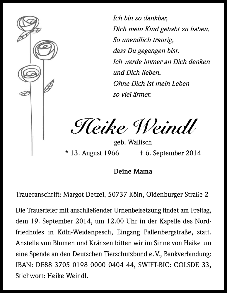  Traueranzeige für Heike Weindl vom 13.09.2014 aus Kölner Stadt-Anzeiger / Kölnische Rundschau / Express