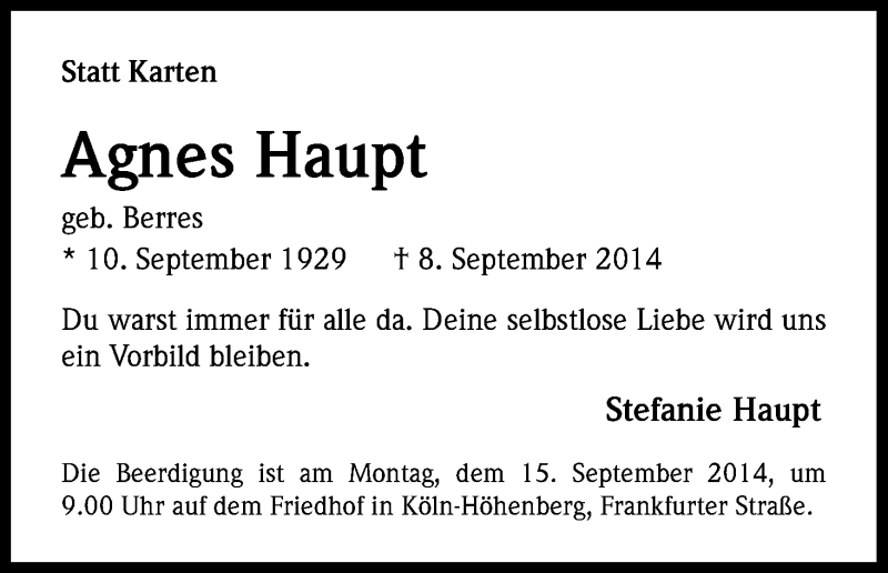  Traueranzeige für Agnes Haupt vom 11.09.2014 aus Kölner Stadt-Anzeiger / Kölnische Rundschau / Express