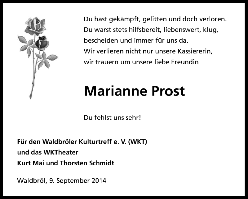  Traueranzeige für Marianne Prost vom 11.09.2014 aus Kölner Stadt-Anzeiger / Kölnische Rundschau / Express