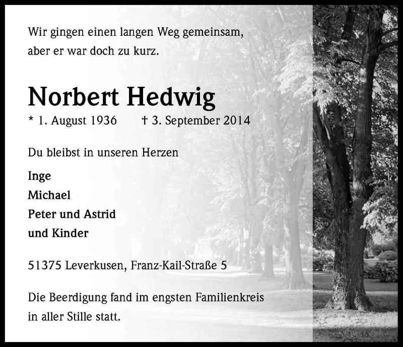  Traueranzeige für Norbert Hedwig vom 13.09.2014 aus Kölner Stadt-Anzeiger / Kölnische Rundschau / Express