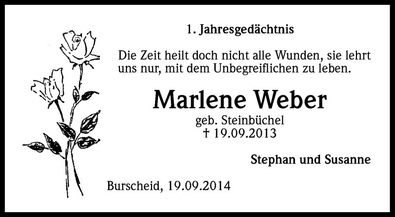  Traueranzeige für Marlene Weber vom 19.09.2014 aus Kölner Stadt-Anzeiger / Kölnische Rundschau / Express
