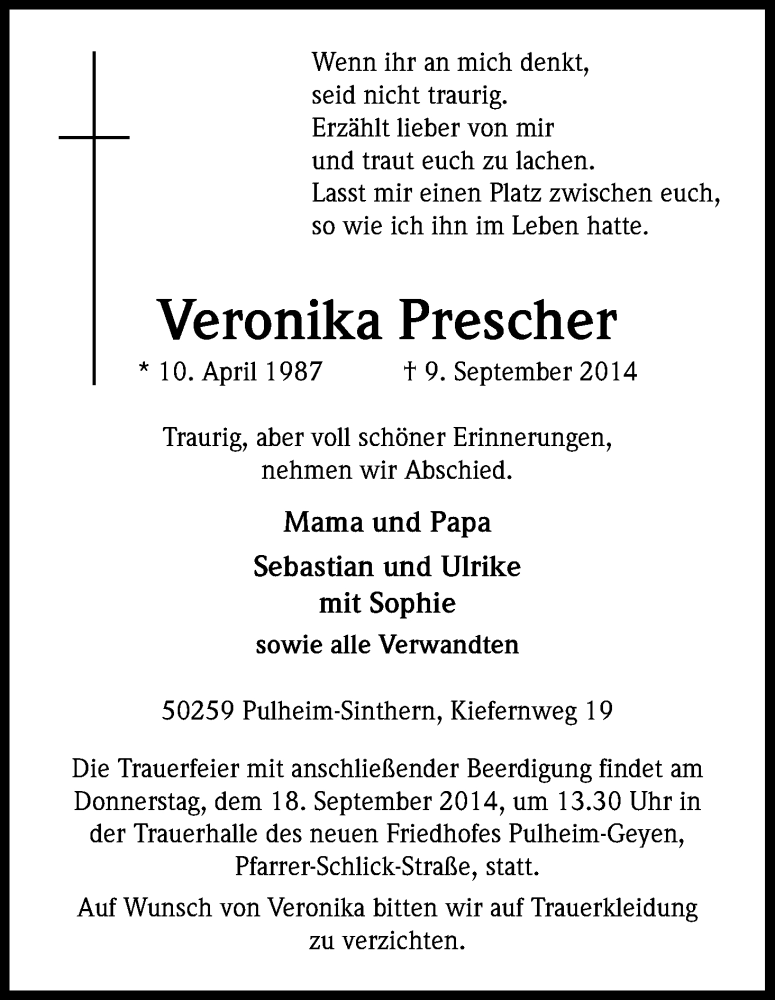  Traueranzeige für Veronika Prescher vom 13.09.2014 aus Kölner Stadt-Anzeiger / Kölnische Rundschau / Express