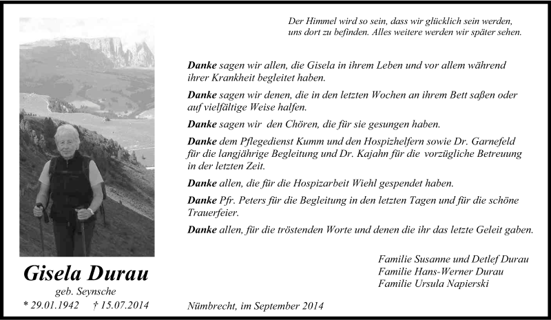  Traueranzeige für Gisela Durau vom 13.09.2014 aus Kölner Stadt-Anzeiger / Kölnische Rundschau / Express