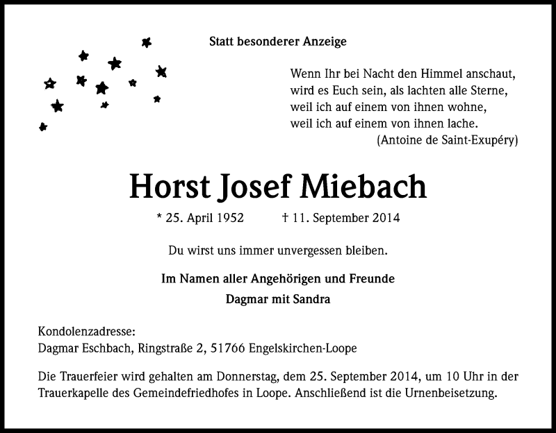  Traueranzeige für Horst Josef Miebach vom 15.09.2014 aus Kölner Stadt-Anzeiger / Kölnische Rundschau / Express