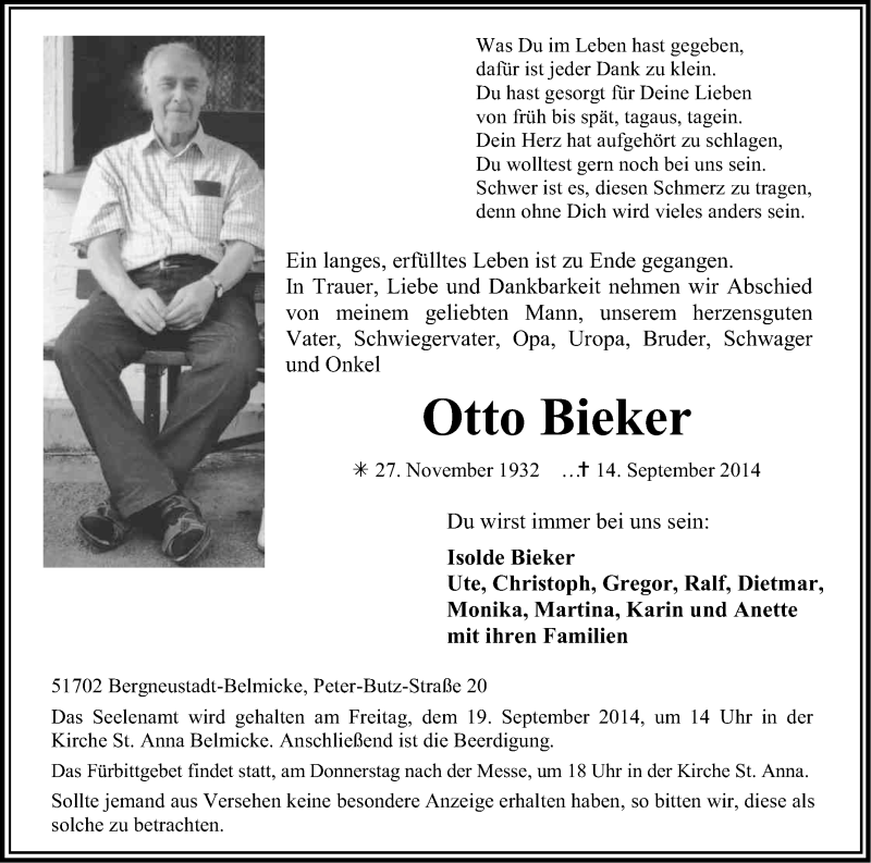  Traueranzeige für Otto Bieker vom 16.09.2014 aus Kölner Stadt-Anzeiger / Kölnische Rundschau / Express