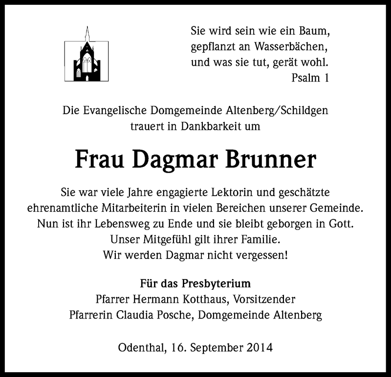  Traueranzeige für Dagmar Brunner vom 16.09.2014 aus Kölner Stadt-Anzeiger / Kölnische Rundschau / Express