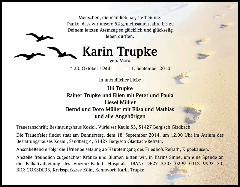  Traueranzeige für Karin Trupke vom 16.09.2014 aus Kölner Stadt-Anzeiger / Kölnische Rundschau / Express