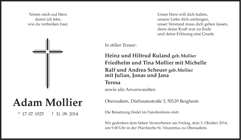 Traueranzeige für Adam Mollier vom 16.09.2014 aus Kölner Stadt-Anzeiger / Kölnische Rundschau / Express