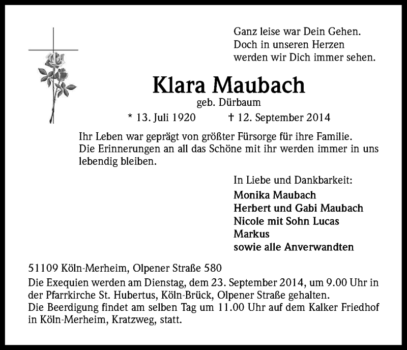  Traueranzeige für Klara  Maubach vom 18.09.2014 aus Kölner Stadt-Anzeiger / Kölnische Rundschau / Express