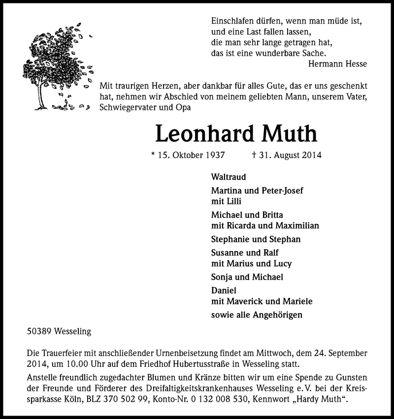  Traueranzeige für Leonhard Muth vom 20.09.2014 aus Kölner Stadt-Anzeiger / Kölnische Rundschau / Express