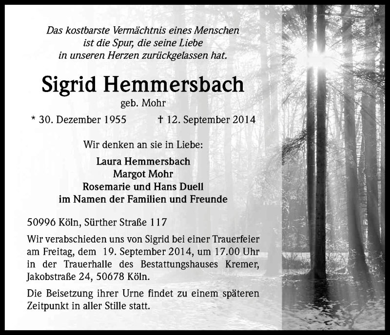  Traueranzeige für Sigrid Hemmersbach vom 17.09.2014 aus Kölner Stadt-Anzeiger / Kölnische Rundschau / Express