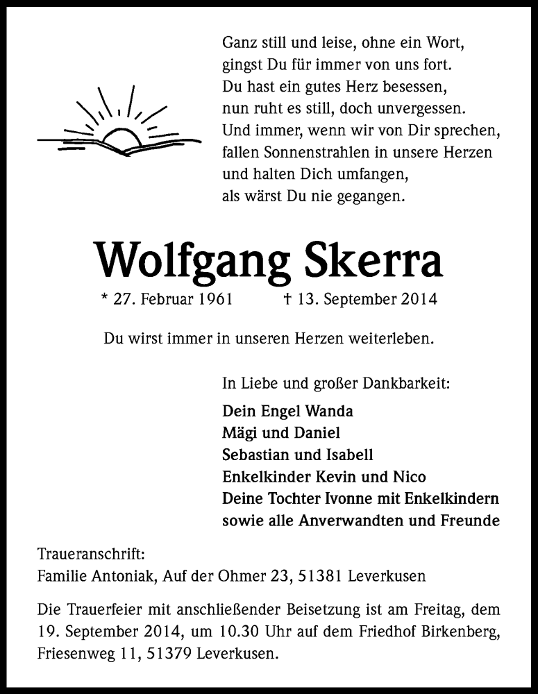 Traueranzeige für Wolfgang Skerra vom 17.09.2014 aus Kölner Stadt-Anzeiger / Kölnische Rundschau / Express