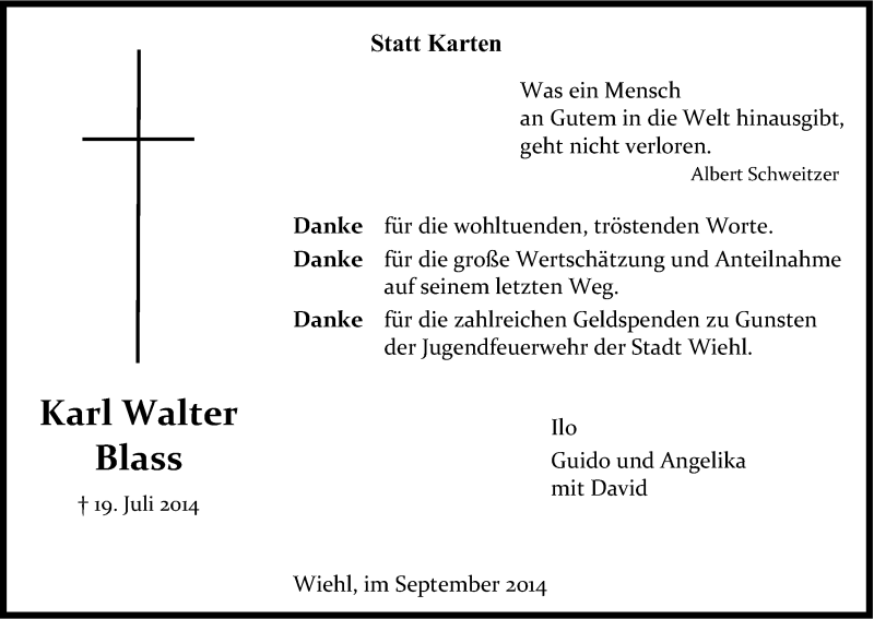  Traueranzeige für Karl Walter Blass vom 17.09.2014 aus Kölner Stadt-Anzeiger / Kölnische Rundschau / Express