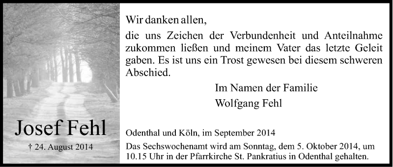  Traueranzeige für Josef Fehl vom 20.09.2014 aus Kölner Stadt-Anzeiger / Kölnische Rundschau / Express