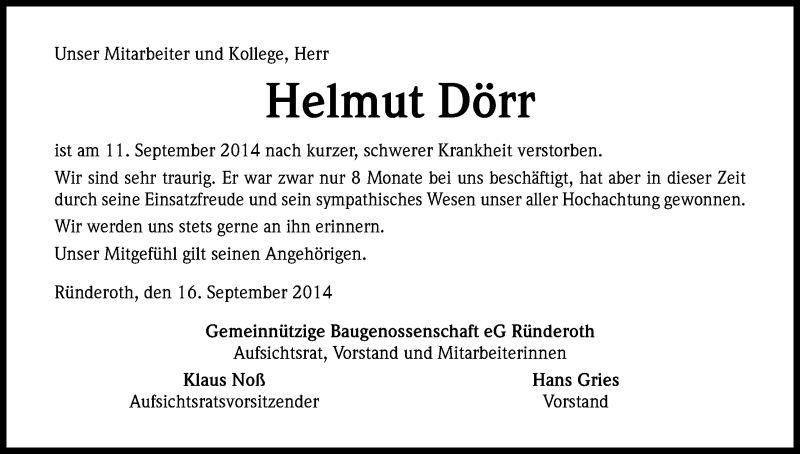  Traueranzeige für Helmut Dörr vom 18.09.2014 aus Kölner Stadt-Anzeiger / Kölnische Rundschau / Express