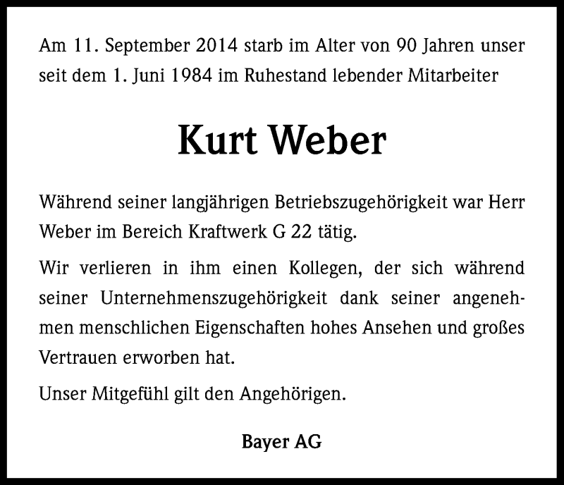  Traueranzeige für Kurt Weber vom 18.09.2014 aus Kölner Stadt-Anzeiger / Kölnische Rundschau / Express