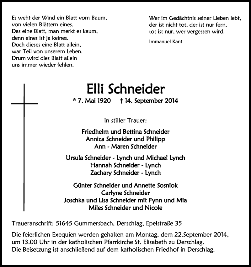  Traueranzeige für Elli Schneider vom 19.09.2014 aus Kölner Stadt-Anzeiger / Kölnische Rundschau / Express