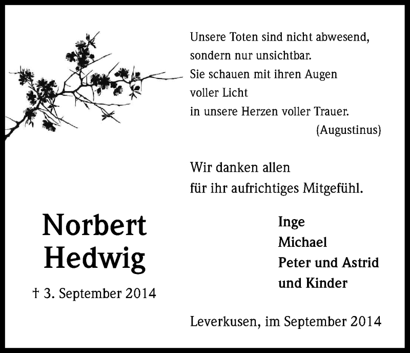  Traueranzeige für Norbert Hedwig vom 19.09.2014 aus Kölner Stadt-Anzeiger / Kölnische Rundschau / Express