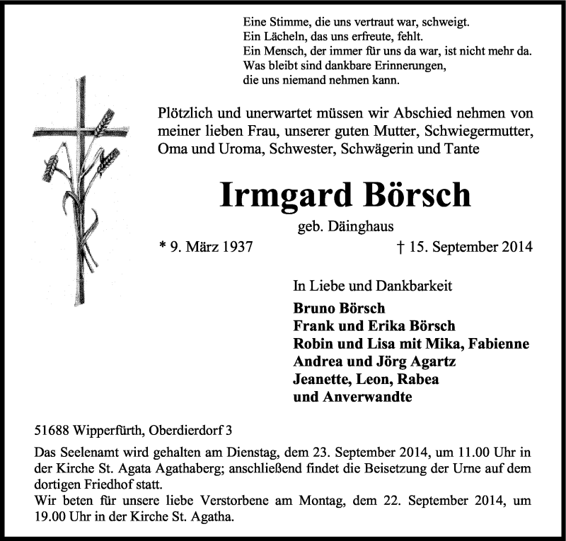  Traueranzeige für Irmgard Börsch vom 18.09.2014 aus Kölner Stadt-Anzeiger / Kölnische Rundschau / Express