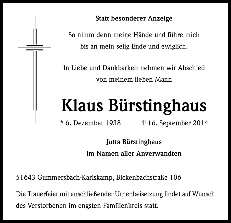  Traueranzeige für Klaus Bürstinghaus vom 18.09.2014 aus Kölner Stadt-Anzeiger / Kölnische Rundschau / Express