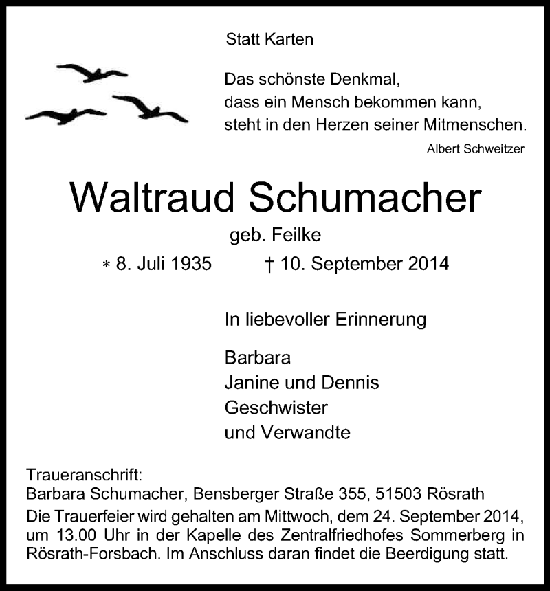  Traueranzeige für Waltraud Schumacher vom 19.09.2014 aus Kölner Stadt-Anzeiger / Kölnische Rundschau / Express