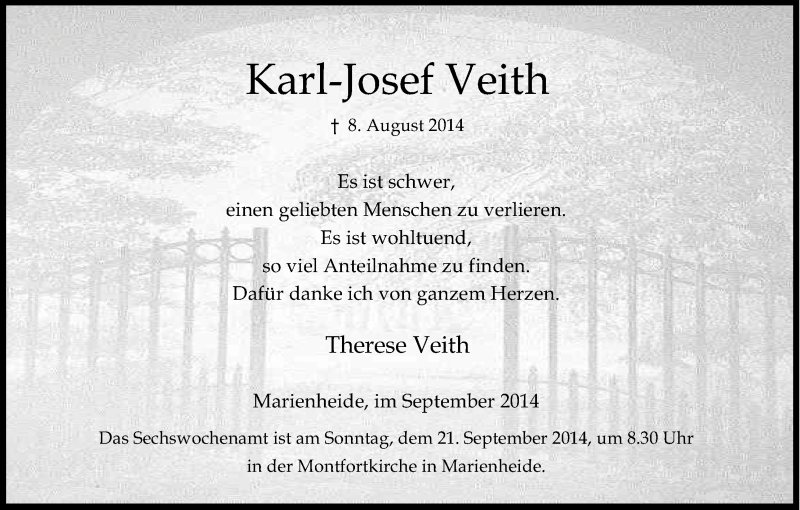  Traueranzeige für Karl-Josef Veith vom 18.09.2014 aus Kölner Stadt-Anzeiger / Kölnische Rundschau / Express
