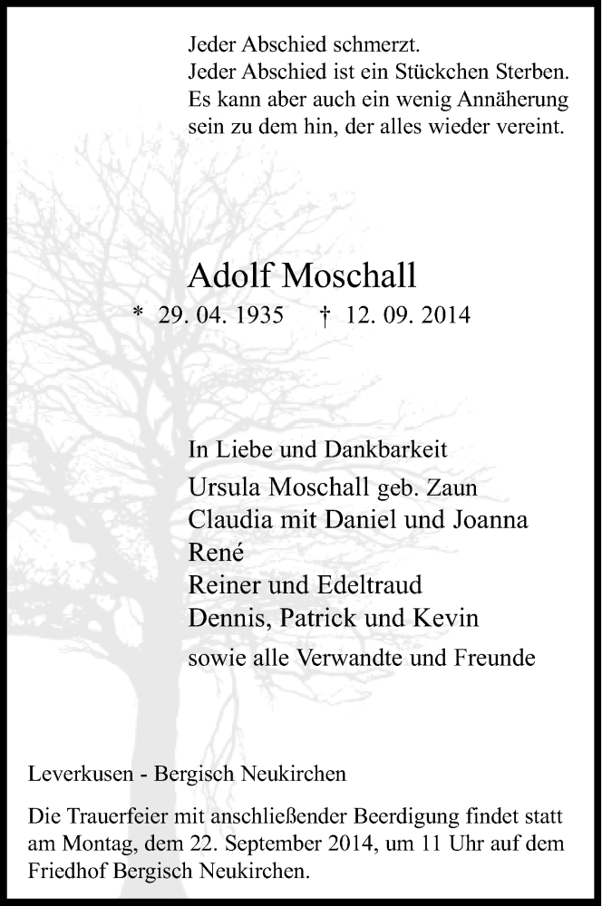  Traueranzeige für Adolf Moschall vom 18.09.2014 aus Kölner Stadt-Anzeiger / Kölnische Rundschau / Express