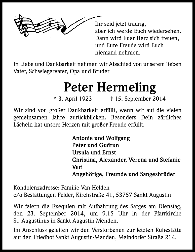  Traueranzeige für Peter Hermeling vom 18.09.2014 aus Kölner Stadt-Anzeiger / Kölnische Rundschau / Express