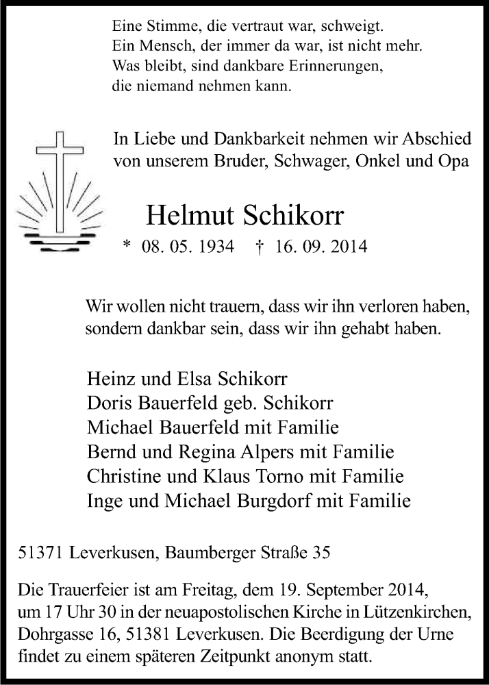  Traueranzeige für Helmut Schikorr vom 18.09.2014 aus Kölner Stadt-Anzeiger / Kölnische Rundschau / Express