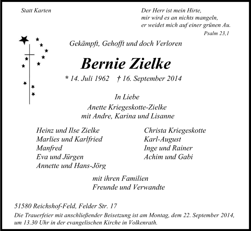  Traueranzeige für Bernie Zielke vom 18.09.2014 aus Kölner Stadt-Anzeiger / Kölnische Rundschau / Express