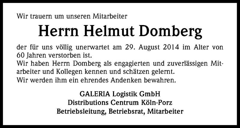 Traueranzeige für Helmut Domberg vom 18.09.2014 aus Kölner Stadt-Anzeiger / Kölnische Rundschau / Express