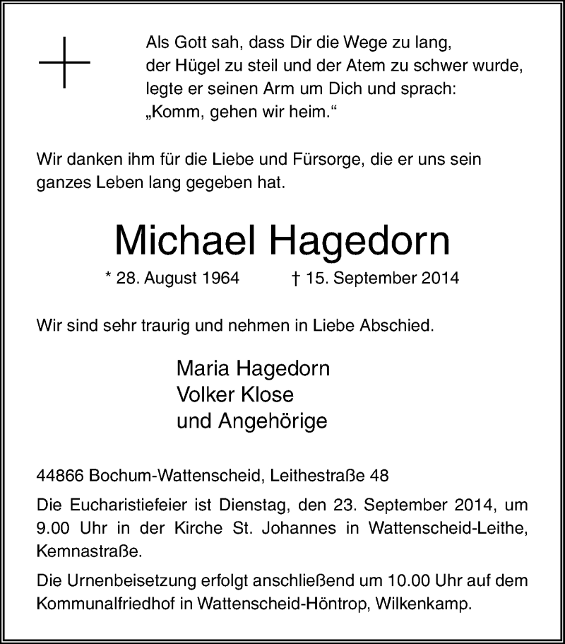  Traueranzeige für Michael Hagedorn vom 18.09.2014 aus Kölner Stadt-Anzeiger / Kölnische Rundschau / Express