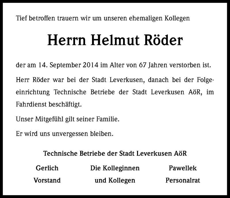  Traueranzeige für Helmut Röder vom 19.09.2014 aus Kölner Stadt-Anzeiger / Kölnische Rundschau / Express