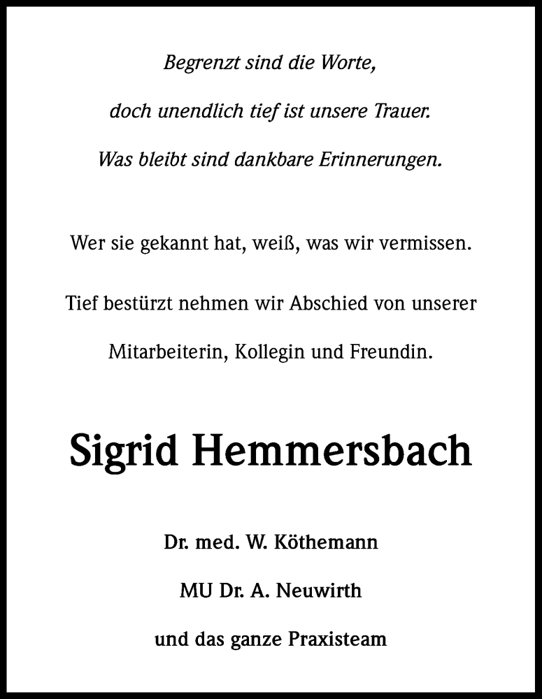  Traueranzeige für Sigrid Hemmersbach vom 20.09.2014 aus Kölner Stadt-Anzeiger / Kölnische Rundschau / Express