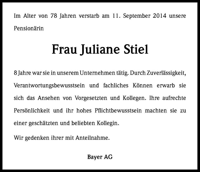  Traueranzeige für Juliane Stiel vom 19.09.2014 aus Kölner Stadt-Anzeiger / Kölnische Rundschau / Express