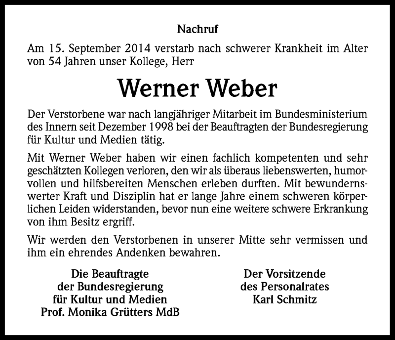  Traueranzeige für Werner Weber vom 20.09.2014 aus Kölner Stadt-Anzeiger / Kölnische Rundschau / Express