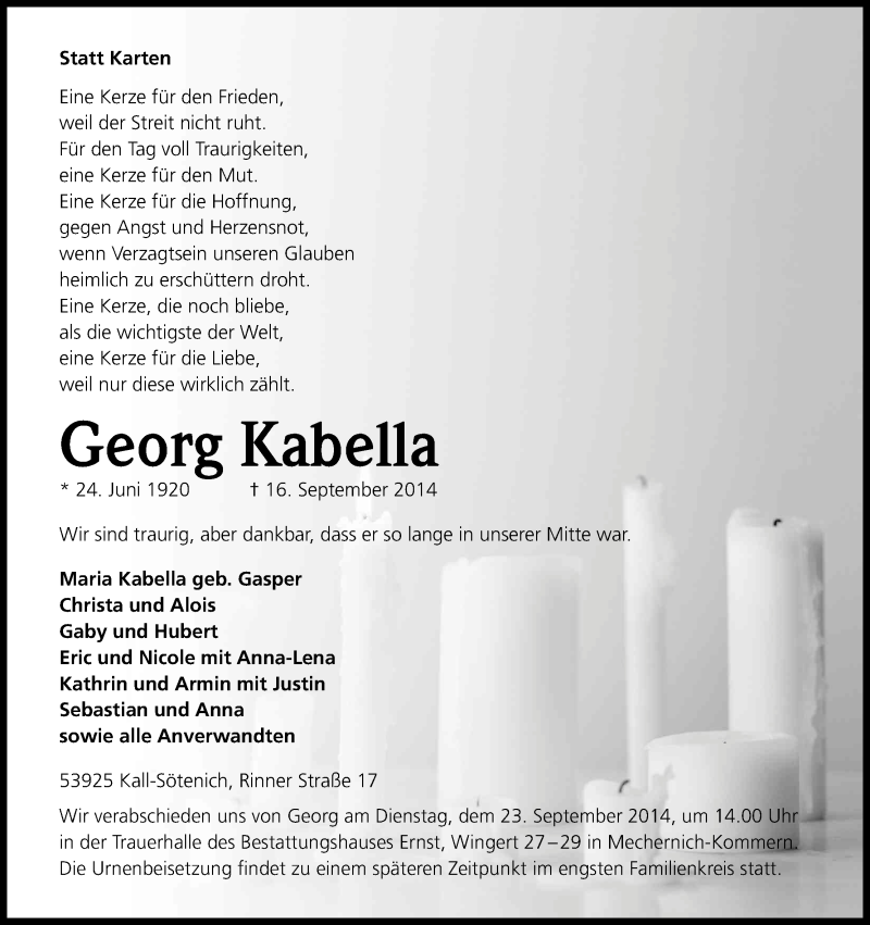  Traueranzeige für Georg Kabella vom 19.09.2014 aus Kölner Stadt-Anzeiger / Kölnische Rundschau / Express