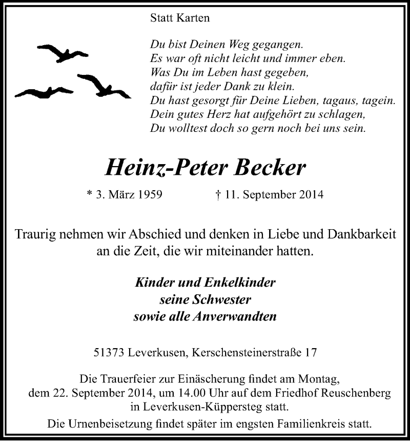  Traueranzeige für Heinz-Peter Becker vom 19.09.2014 aus Kölner Stadt-Anzeiger / Kölnische Rundschau / Express
