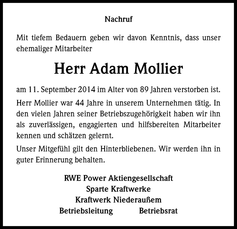  Traueranzeige für Adam Mollier vom 02.10.2014 aus Kölner Stadt-Anzeiger / Kölnische Rundschau / Express