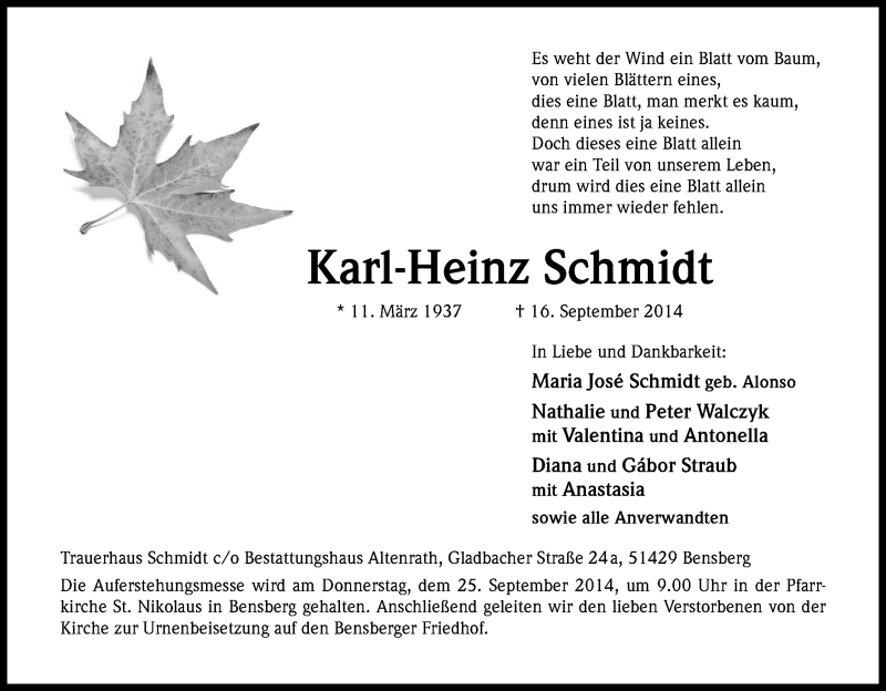  Traueranzeige für Karl-Heinz Schmidt vom 20.09.2014 aus Kölner Stadt-Anzeiger / Kölnische Rundschau / Express