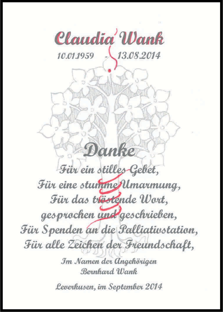  Traueranzeige für Claudia Wank vom 20.09.2014 aus Kölner Stadt-Anzeiger / Kölnische Rundschau / Express