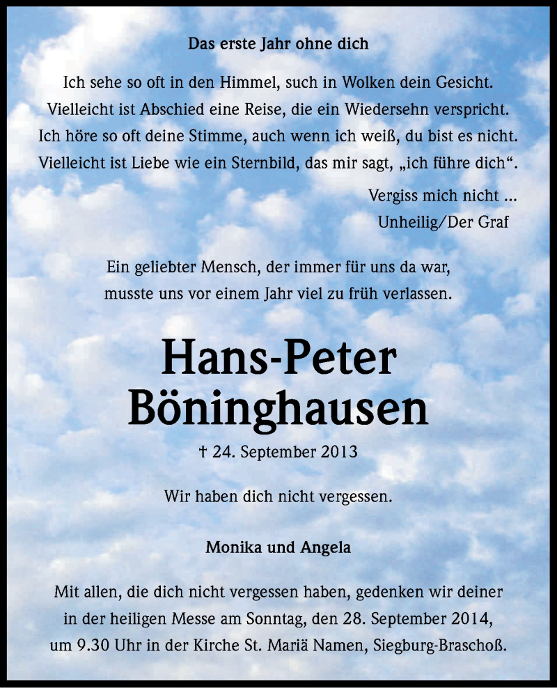  Traueranzeige für Hans-Peter Böninghausen vom 24.09.2014 aus Kölner Stadt-Anzeiger / Kölnische Rundschau / Express